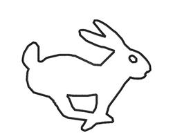 Simple line art silhouette of a rabbit leaping, outlined in black, emphasizing its playful pose.