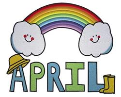 Playful rainbow with smiling clouds, the word 'APRIL', a yellow hat, and a rain boot in spring colors.