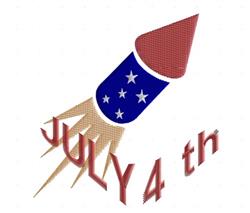 Colorful rocket with white stars soaring upward, featuring bold 'JULY 4 th' text, perfect for festive Independence Day decor.