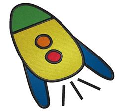 Playful cartoon rocket with a green top, yellow body, blue fins, and black accents, featuring three exhaust flames.