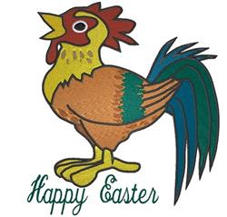 Colorful cartoon rooster with yellow, brown, and green feathers celebrating Easter with playful 'Happy Easter' text.