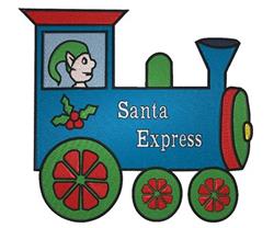 Whimsical train with elf peeking out the window, bold blue with green accents and red floral wheels for Christmas cheer.