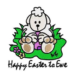 Cartoon sheep with fluffy white body holds pastel Easter egg while sitting on vibrant grass with flowers. Perfect for Easter.
