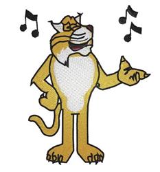 Cartoonish singing cat in vibrant yellow, joyfully posing with raised hand and playful musical notes above.