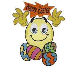 Cheerful smiley face with exaggerated hands, surrounded by colorful Easter eggs, for a festive holiday design.