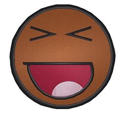 Cartoon smiley face with a cheerful expression, black outline, red tongue, and a brown background.