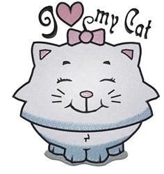 Playful smiling cat with a pink bow on a light blue background, featuring 'I love my Cat' text.