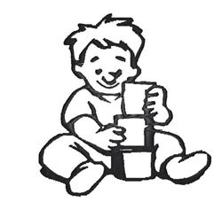 Cheerful boy stacking soft blocks in a playful cartoon style, showcasing a bright smile and simple attire.
