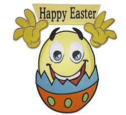 Cheerful smiling egg character with big eyes, peeking from a cracked shell, surrounded by welcoming hands. Happy Easter banne