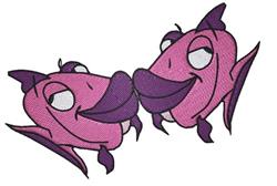 Playful cartoon fish in pink and purple with exaggerated smiles, perfect for machine embroidery projects.