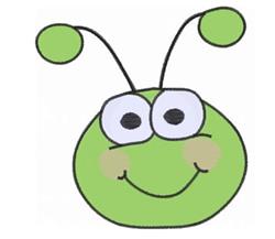 Smiling green bug with big eyes and cheerful antennas, cartoon style perfect for children's themes.