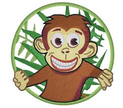 Applique smiling monkey with warm brown fur, lively bamboo leaves, and a green circular border.