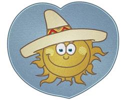 Cartoon smiling sun wearing a white hat with large eyes, set against a soft blue heart background, perfect for summer.