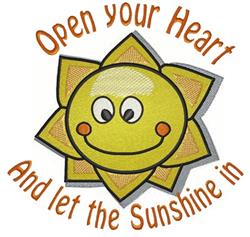 Bright yellow sun with a smiling face and playful text saying 'Open your Heart And let the Sunshine in'.