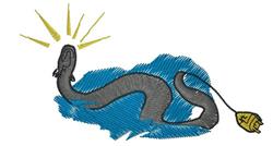 Playful gray snake gliding through a vibrant blue wave, with light rays and a whimsical lightbulb above.
