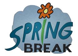 Playful spring break text in vibrant blue, featuring a green stem and orange flower against fluffy light blue clouds.