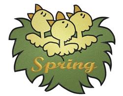 Playful nest with three cheerful yellow chicks in a green nest, accented by golden 'Spring' text.