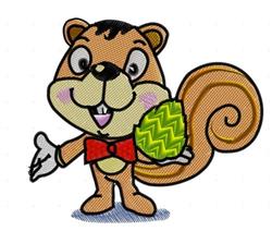 Cartoon squirrel with playful brown fur and red bow tie, holding a green zigzag Easter egg for festive decor.
