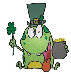 Colorful cartoon frog wearing a top hat, holding a shamrock and pot of gold for St. Patrick's Day.