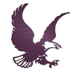 Stylized eagle in mid-flight with outstretched wings and visible claws, rendered in rich purple against a white background.