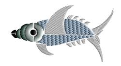 Stylized fish in shades of blue and gray, featuring a black eye and delicate fins, perfect for modern decor.