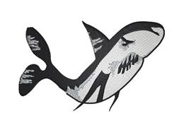 Stylized shark applique in black and gray with dynamic fins and a whimsical frown, perfect for ocean-themed projects.