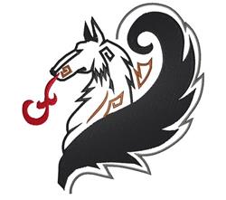 Stylized wolf with a bold black and white outline, swirling tail, and red accents, ideal for machine embroidery.