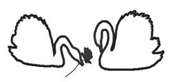 Two swans in a simple outline design, elegantly entwined with graceful curves, creating a symmetrical composition.
