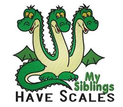 Cartoonish three-headed dragon with bright green scales, large wings, and a playful expression. 'My Siblings Have Scales' tex