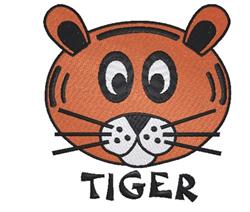 Cartoon tiger face design with friendly expression, orange fur, bold outlines, and playful typography, perfect for machine em