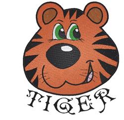 Playful cartoon tiger head with orange fur, green eyes, black stripes, and the word 'TIGER' below.