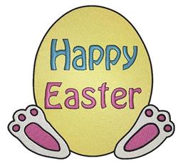 Playful Easter egg featuring a large yellow design with 'Happy Easter' in blue and pink, adorned with pink bunny paws.