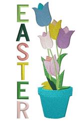 Colorful flower pot filled with vibrant tulips, next to cheerful letters spelling 'EASTER'. Joyful spring design.