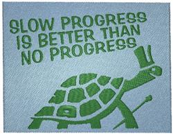 Playful turtle in a top hat with bold green text saying 'SLOW PROGRESS IS BETTER THAN NO PROGRESS' on light blue.