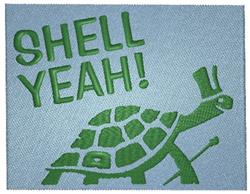 Playful turtle in bold green wearing a top hat against a light blue background with 'SHELL YEAH!' text.