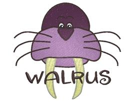 Playful walrus with a purple head, large tusks, and whiskers, featuring the word 'WALRUS' below.
