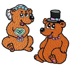Two cartoon bears in wedding attire: one in a veil with a bouquet, the other in a top hat and bow tie. Cheerful, playful them
