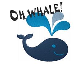 Playful whale in dark blue with a cheerful face and 'OH WHALE!' text, surrounded by light blue water splashes.
