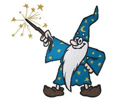Cartoon wizard in blue robe with stars and a wand sparking gold, perfect for Halloween-themed decor.