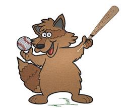 Playful cartoon wolf with a cheerful face, holding a baseball and bat, designed for children's items.