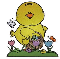 Cartoonish yellow chick holding a basket surrounded by tulips and Easter eggs, perfect for springtime decor.