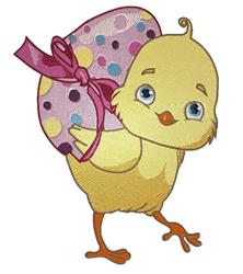 Colorful applique yellow chick carrying a polka dot Easter egg with a pink ribbon, perfect for festive spring designs.