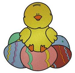 Cartoonish yellow chick happily perched on colorful decorated Easter eggs, celebrating springtime festivity.