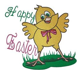 Cheerful yellow chick in green grass with a pink bow, celebrating Happy Easter in a playful cartoon style.