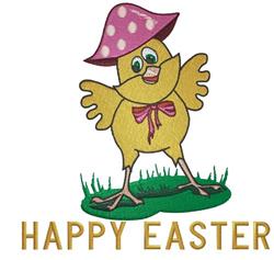 Playful yellow chick in a pink polka-dotted hat, standing on grass, celebrating Easter with 'HAPPY EASTER' in bold.