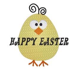 Playful cartoon yellow chick with vibrant colors and expressive eyes, featuring 'HAPPY EASTER' text above.