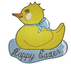 Playful yellow duck with a blue bow on a light blue cloud, featuring 'Happy Easter' text below.