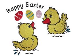 Playful applique yellow ducklings with cheerful expressions splash beside colorful Easter eggs, celebrating Easter.