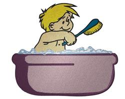 Cheerful young boy scrubbing in a purple bathtub filled with soap bubbles, cartoonish and playful style.