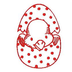 Redwork chick emerging from a polka-dotted egg, with a playful design in red on white, perfect for Easter.